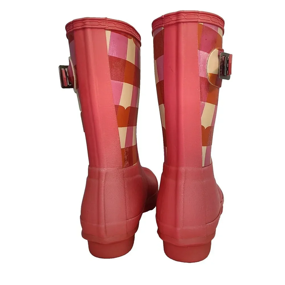 Hunter Original Short Gingham Plaid Rubber Boots Arcade Pink 7 Festival Preppy